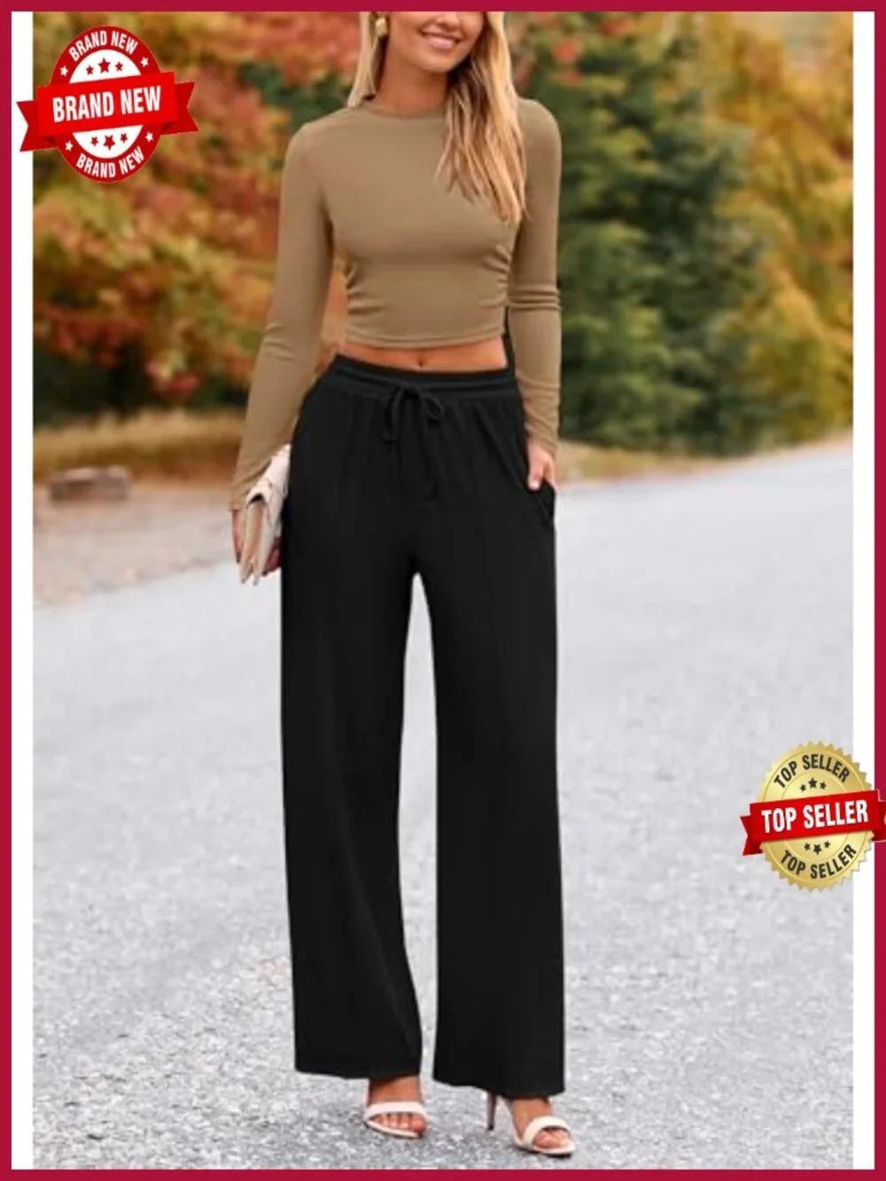 Two Piece Ribbed Knit Lounge Set Crop Top Wide Leg Pants